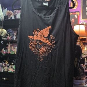 Black Tank Top with Orange Witch Hat Design